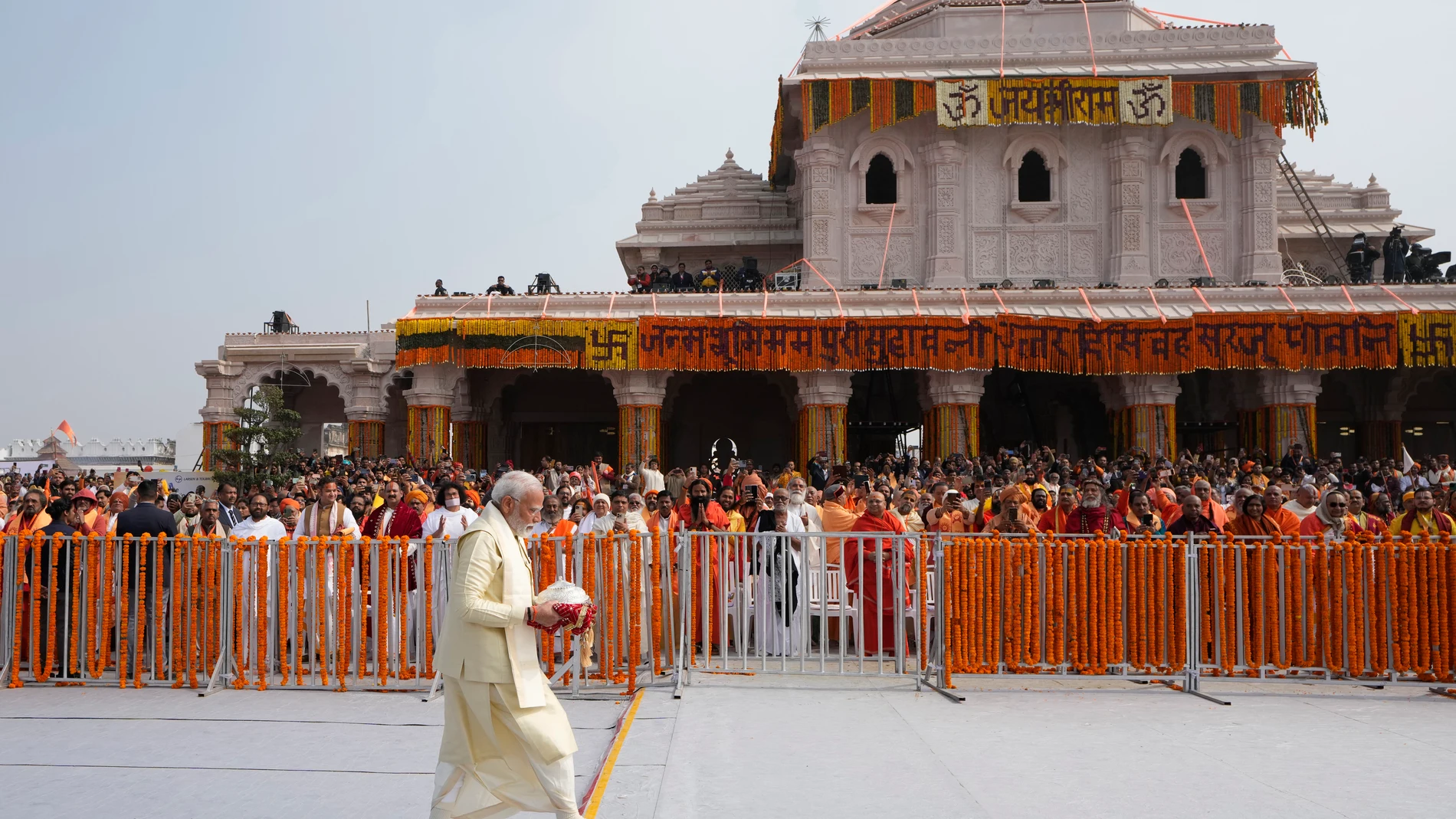 Indian Prime Minister Narendra Modi, arrives to lead the opening of a temple dedicated to Hinduism’s Lord Ram in Ayodhya, India, Monday, Jan. 22, 2024. The magnificent temple lies at the site of a 16th-century mosque that was destroyed by a Hindu mob in December 1992, sparking massive Hindu-Muslim violence. (AP Photo/Rajesh Kumar Singh)