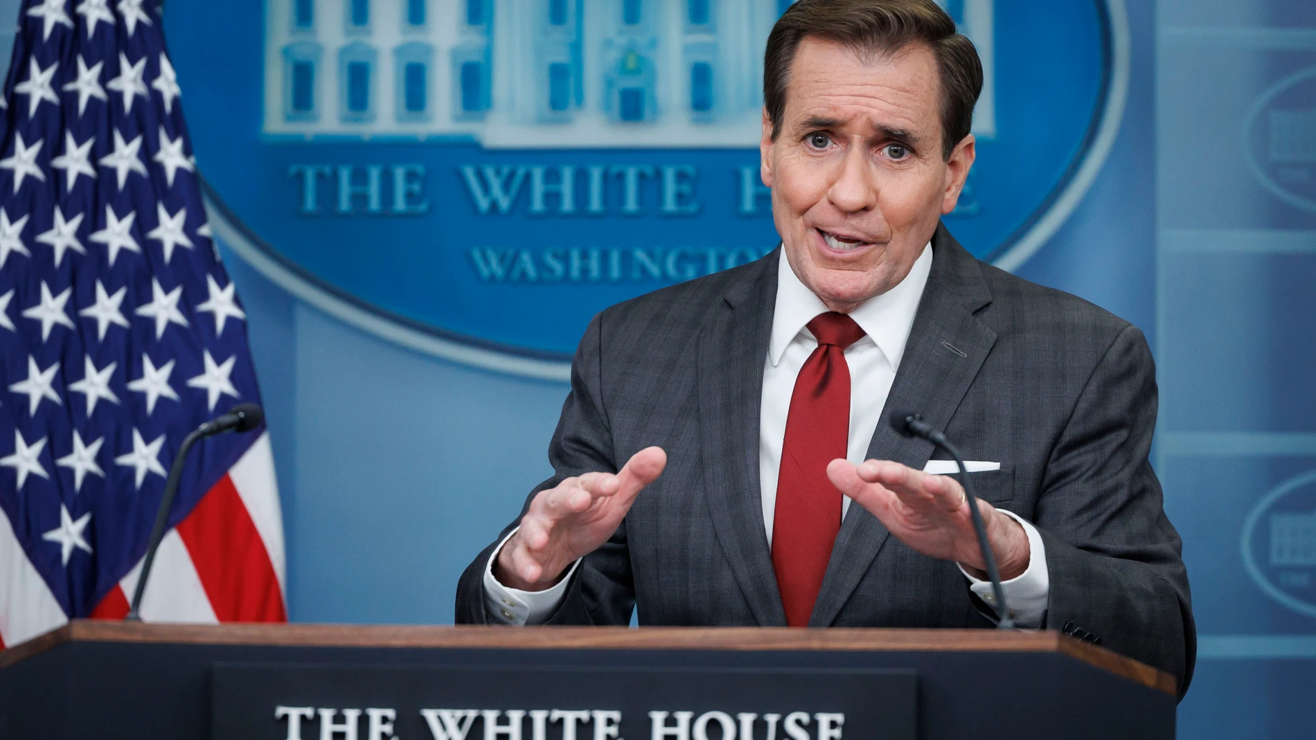 Washington (United States), 24/01/2024.- US National Security Council Coordinator John Kirby speaks during a news conference in the James S. Brady Press Briefing Room at the White House in Washington, DC, USA, 24 January 2024. US forces carried out airstrikes against an Iran-backed militia in Iraq after the group had attacked an air base where American troops are stationed, the US Central Command said in a statement the previous day. EFE/EPA/Ting Shen / POOL