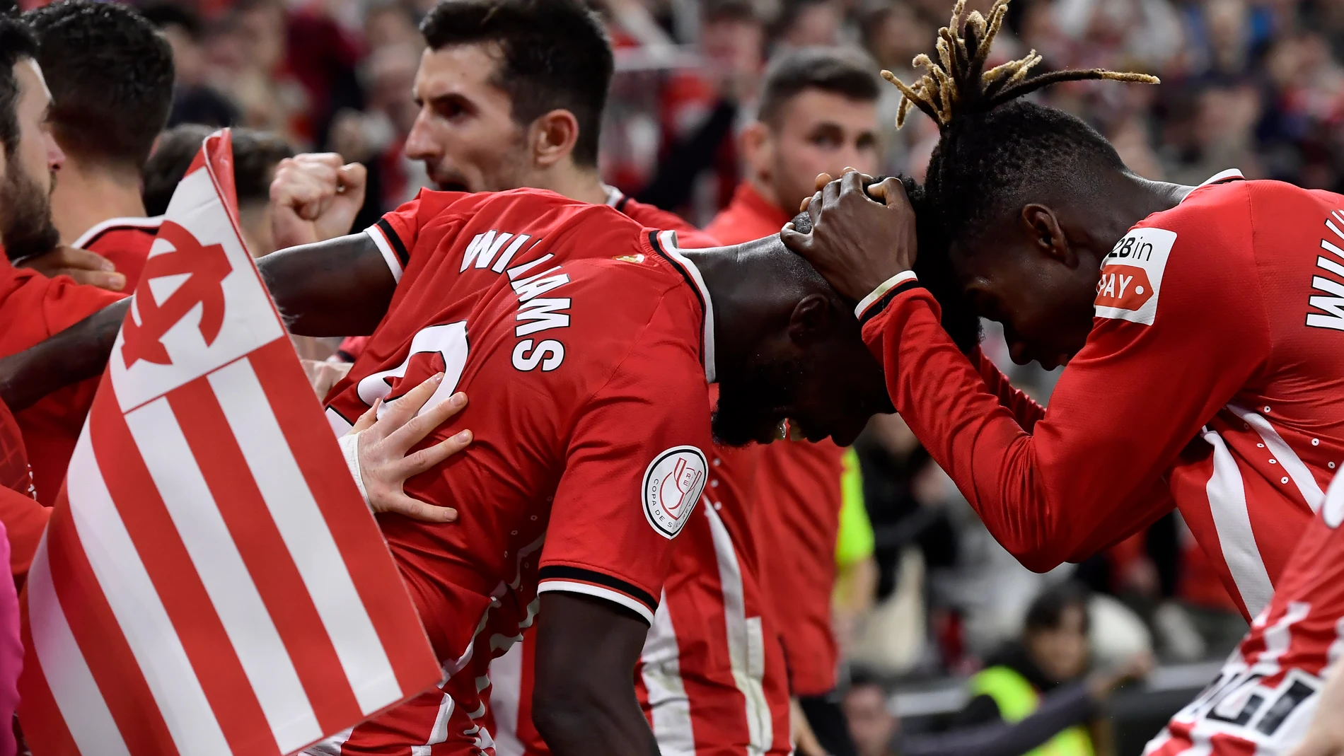 Athletic Bilbao's Inaki Williams celebrates scoring his side's third goal during the Copa del Rey quarterfinals soccer match between Athletic Bilbao and Barcelona at the San Mames stadium in Bilbao, Spain, on Wednesday, Jan. 24, 2024. (AP Photo/Alvaro Barrientos)