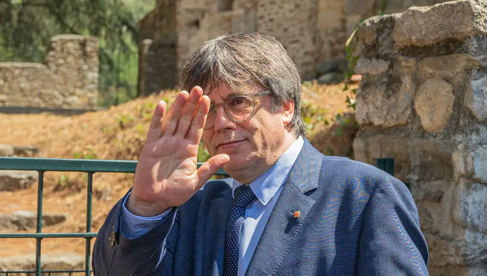 Public act of Carles Puigdemont in Northern Catalonia after the European justice has removed his immunity, in Prada de Conflent, France, on August 21, 2023. Puigdemont participates in a commemorative act of the 50th anniversary of the death of Pau Casals, which takes place in the abbey of Sant Miquel de Cuixa and is organized by the Universitat Catalana d'Estiu in Prada de Conflent (Photo by Marc Asensio/NurPhoto) (Photo by Marc Asensio / NurPhoto / NurPhoto via AFP)