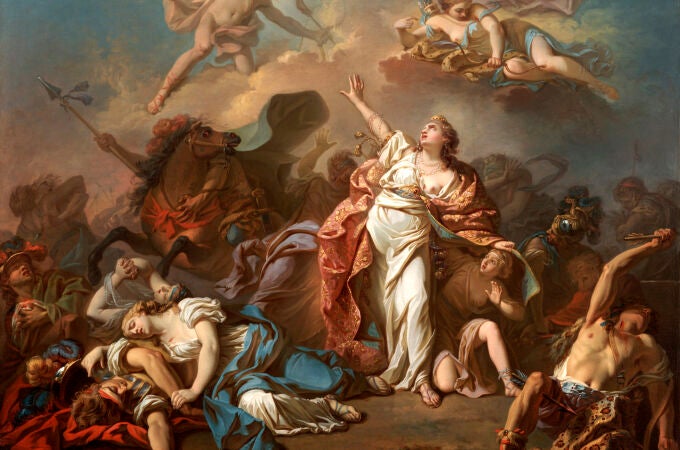 Níobe intenta proteger a sus hijos de Artemisa y Apolo en una obra de Jacques-Louis David