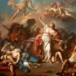 Níobe intenta proteger a sus hijos de Artemisa y Apolo en una obra de Jacques-Louis David