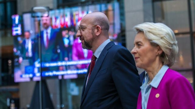 Brussels (Belgium), 01/02/2024.- EU Council President Charles Michel and EU Commission President Ursula von der Leyen attend a press conference on the Special European Council in Brussels, Belgium, 01 February 2024. EU leaders gather in Brussels to discuss the mid-term revision of the EU's long-term budget for 2021-2027, including support to Ukraine. (Bélgica, Ucrania, Bruselas) EFE/EPA/OLIVIER MATTHYS