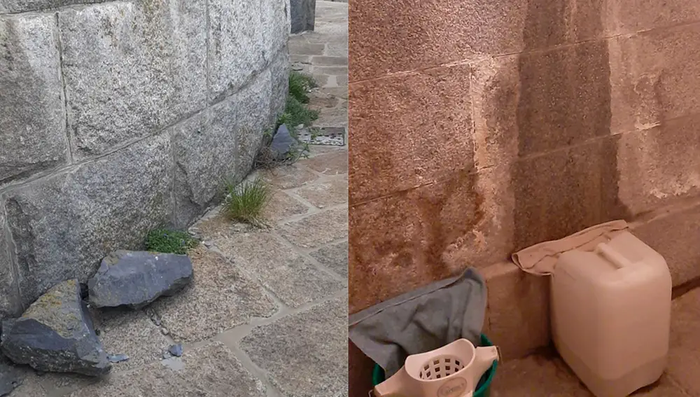 trozos de esculturas de Juan de Ávalos en el suelo.Al lado el rudimentario método empleado para recoger el agua de las humedades de la Basílica.