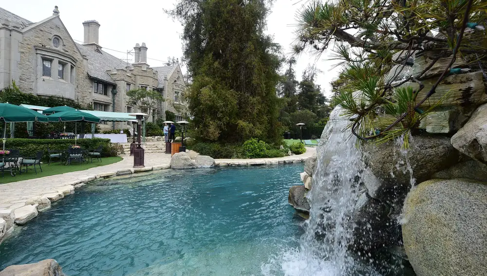 The swimming pool at the Playboy Mansion on in Holmby Hills, Los Angeles, California