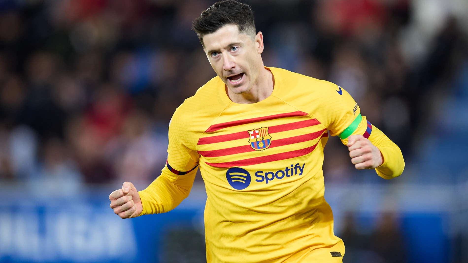 Robert Lewandowski of FC Barcelona reacts after scoring his team’s first goal during the LaLiga EA Sports match between Deportivo Alaves and FC Barcelona at Mendizorrotza on February 3, 2024, in Vitoria, Spain. AFP7 03/02/2024 ONLY FOR USE IN SPAIN