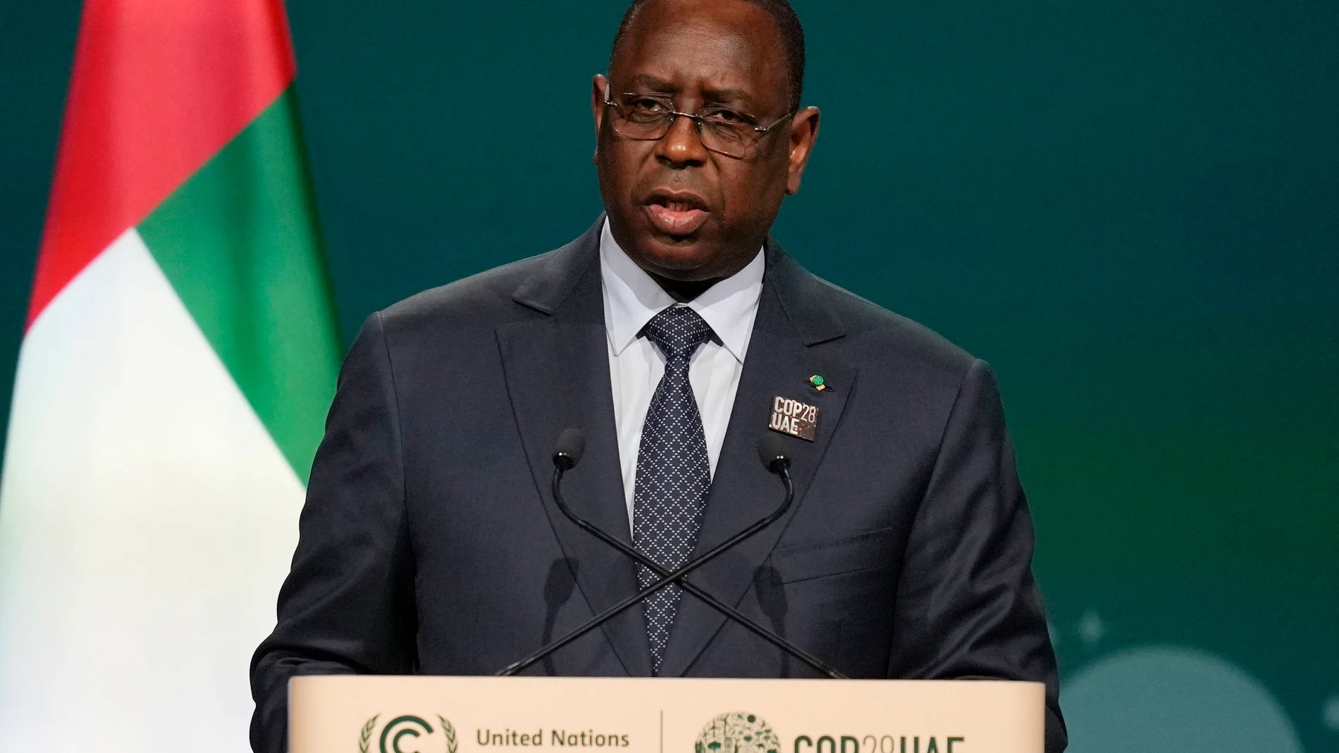 FILE - Senegal's President Macky Sall speaks during a plenary session at the COP28 U.N. Climate Summit, Friday, Dec. 1, 2023, in Dubai, United Arab Emirates. Senegalese President Macky Sall on Saturday, Feb. 3, 2024, postponed presidential elections scheduled for Feb. 25, citing controversies over the disqualification of some candidates and allegations of corruption in election-related cases. (AP Photo/Rafiq Maqbool, File)