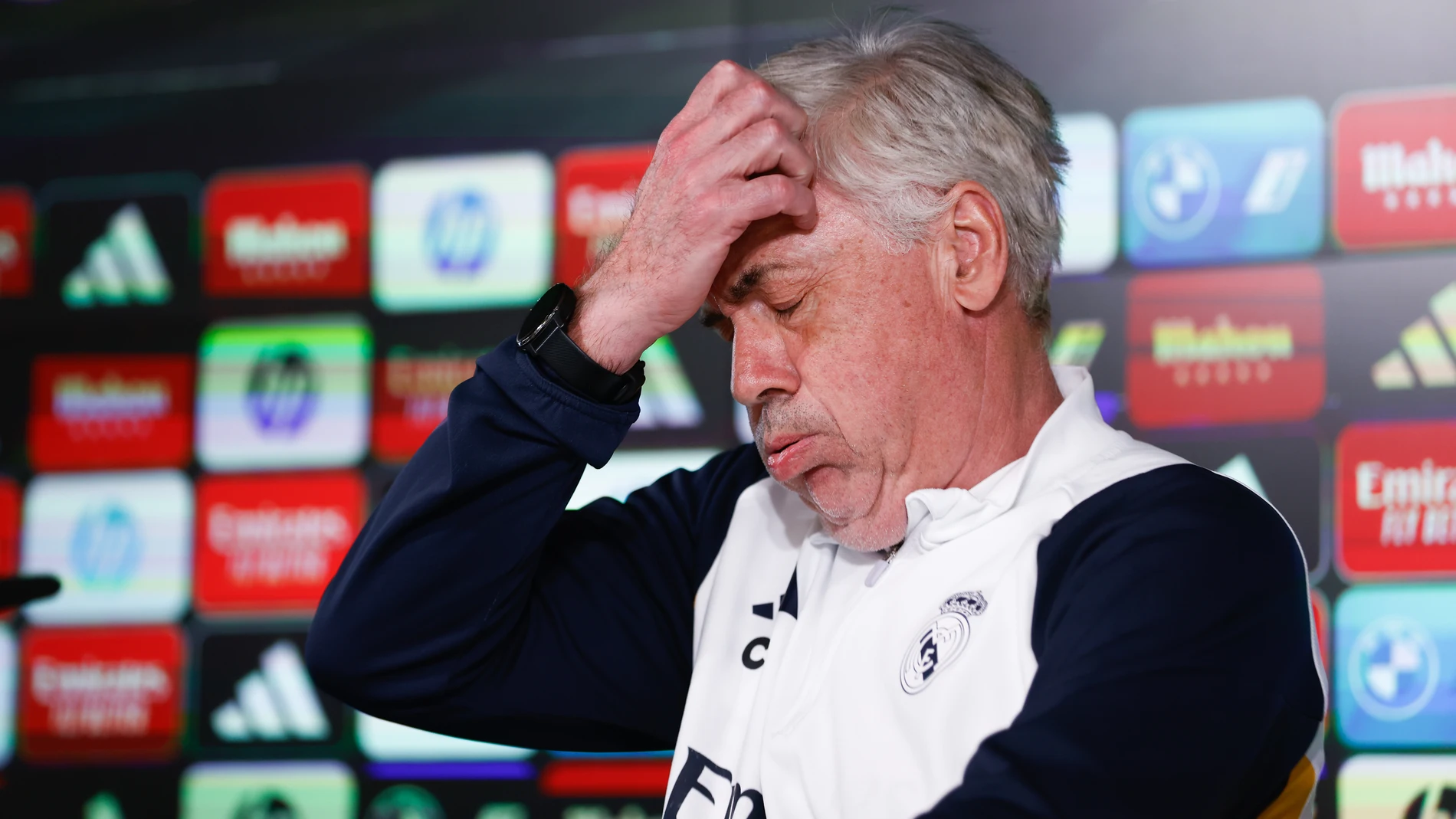 Carlo Ancelotti, head coach of Real Madrid, attends his press conference during the training day of Real Madrid before the LaLiga EA Sports football match against Atletico de Madrid at Ciudad Deportiva Real madrid on February 03, 2024 in Valdebebas, Madrid, Spain. AFP7 03/02/2024 ONLY FOR USE IN SPAIN