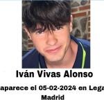 El cartel difundido por SOSDesaparecidos que informa de la desaparición de Iván Vivas Alonso