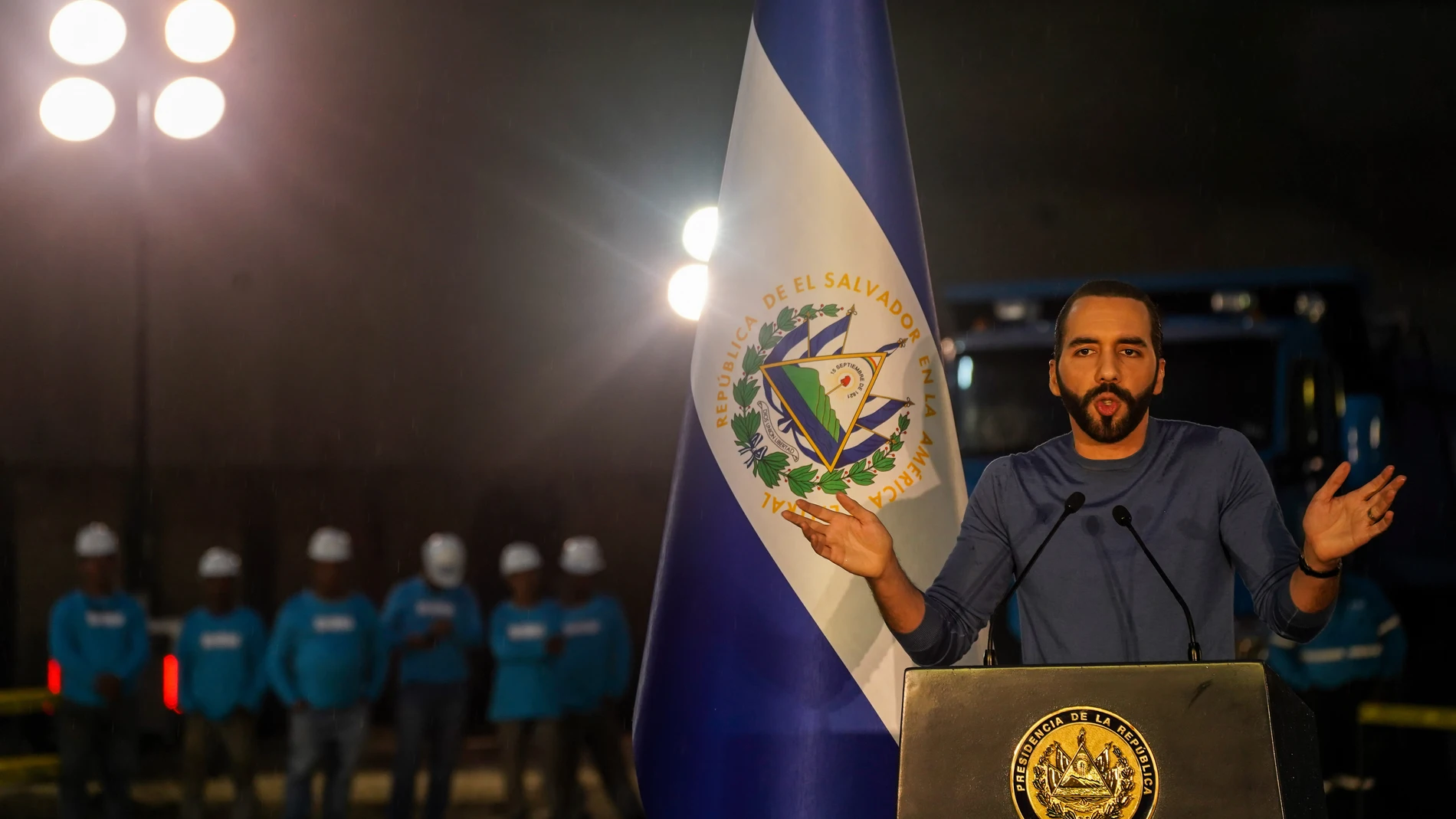 June 15, 2023, San Salvador, El Salvador: Salvadoran President Nayib Bukele gestures while speaking during a public appearance to set the first stone for the new Rosales Hospital in the Salvadoran capital. (Foto de ARCHIVO) 15/06/2023