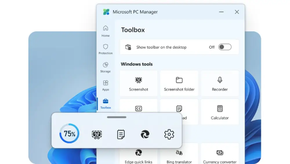Caja de herramientas y barra flotante de PC Manager. 