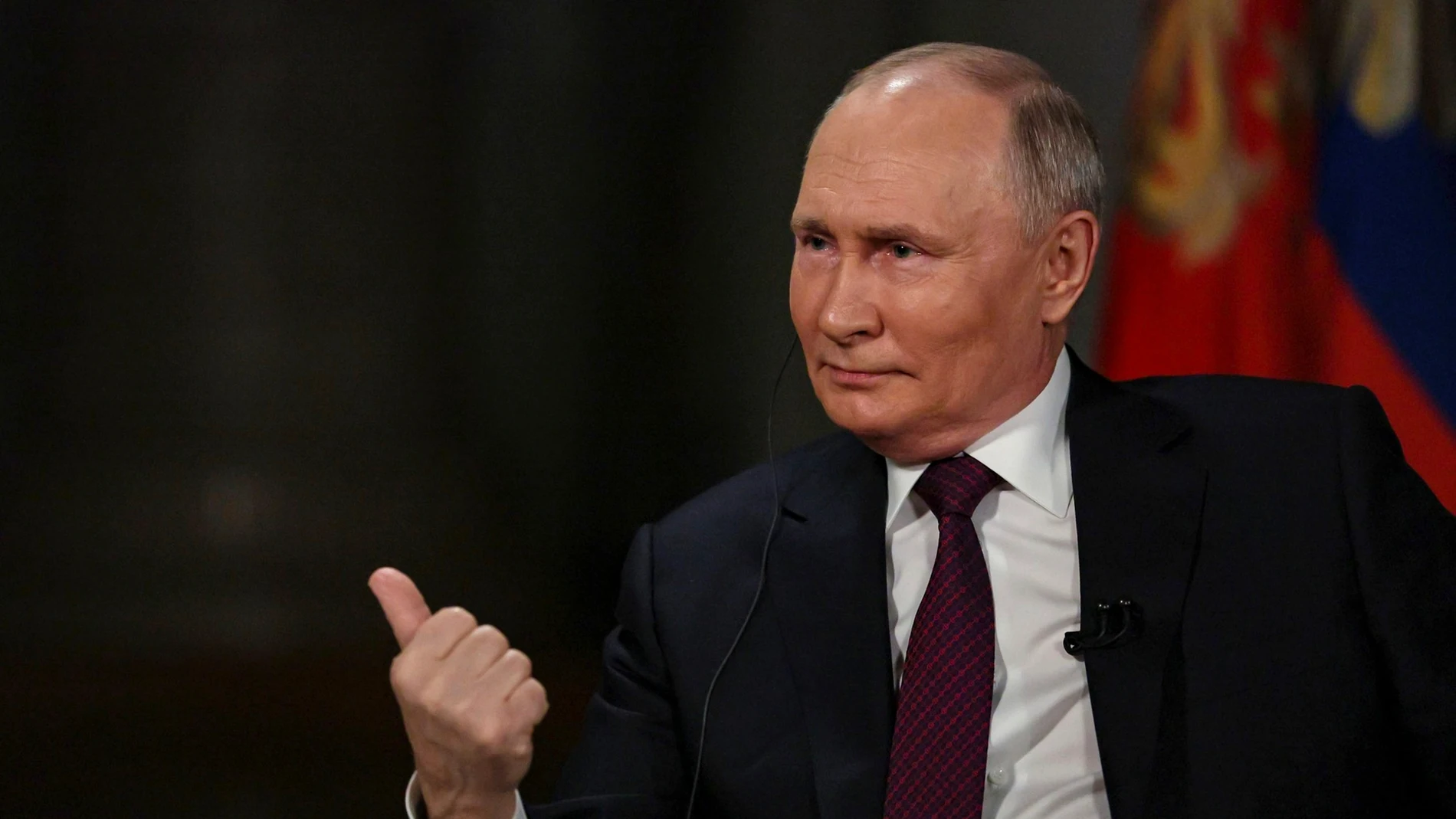February 9, 2024, Moscow, Russia: Russian President Vladimir Putin, right, responds to a question from conservative television personality Tucker Carlson during an interview at the Kremlin, February 9, 2024 in Moscow, Russia. 09/02/2024