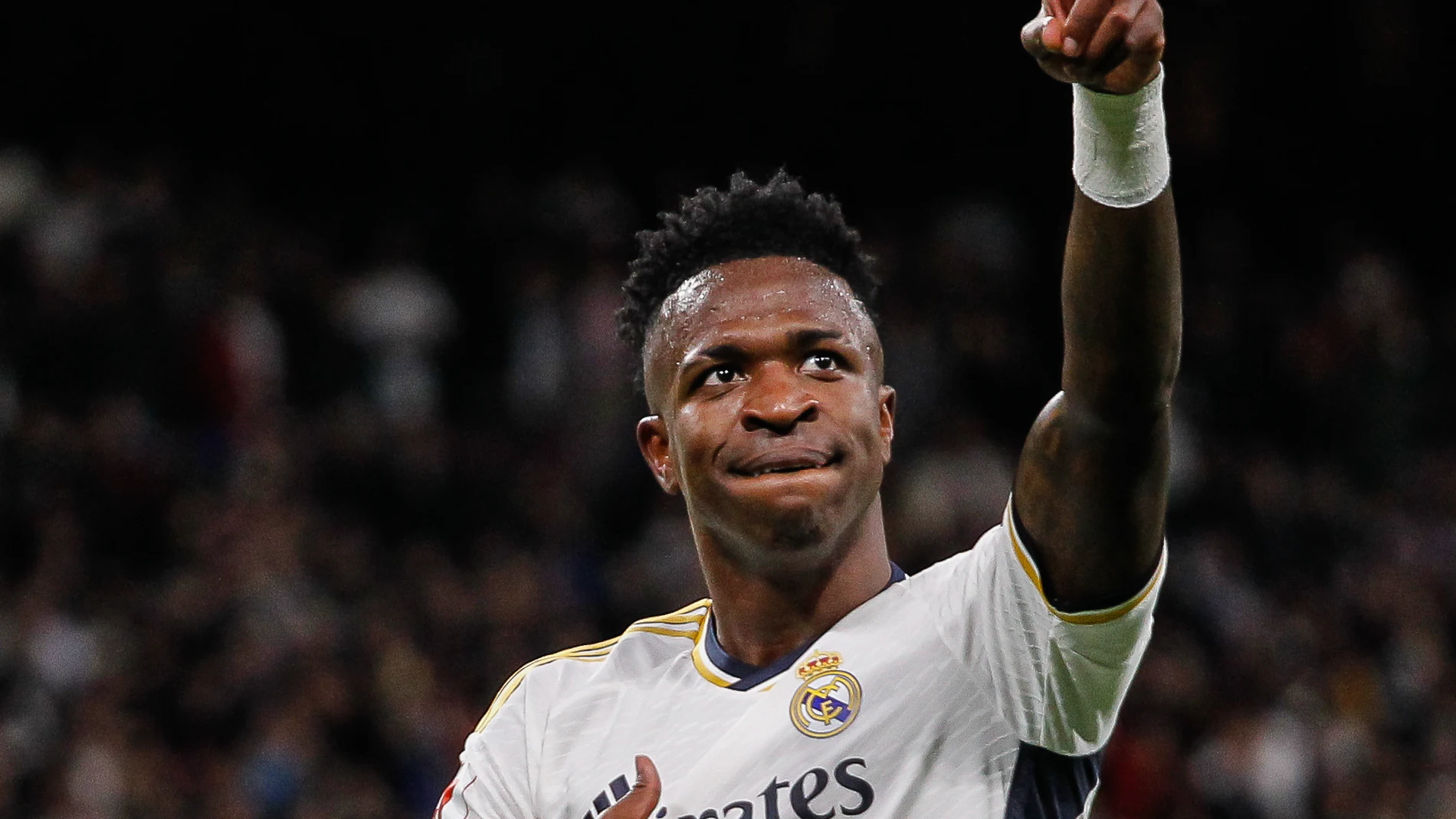 Vinicius Junior of Real Madrid celebrates a goal during the Spanish League, LaLiga EA Sports, football match played between Real Madrid and Girona CF at Santiago Bernabeu stadium on February 10, 2024 in Madrid, Spain.AFP7 10/02/2024 ONLY FOR USE IN SPAIN