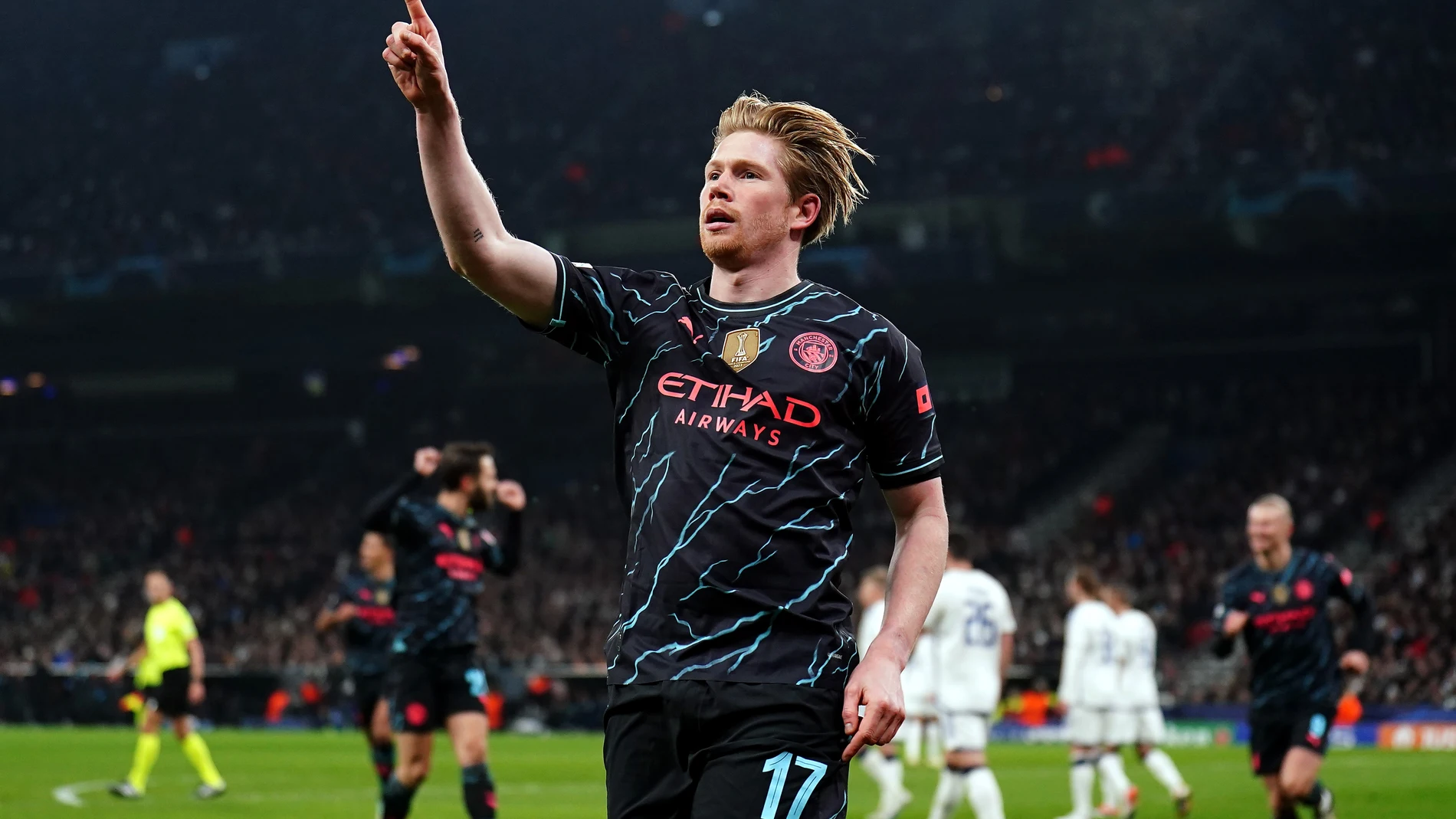 13 February 2024, Denmark, Copenhagen: Manchester City's Kevin De Bruyne celebrates scoring his side's first goal of the game during the UEFA Champions League round of 16, first leg soccer match between FC Copenhagen and Manchester City at the Parken Stadium. Photo: Zac Goodwin/PA Wire/dpa 13/02/2024 ONLY FOR USE IN SPAIN