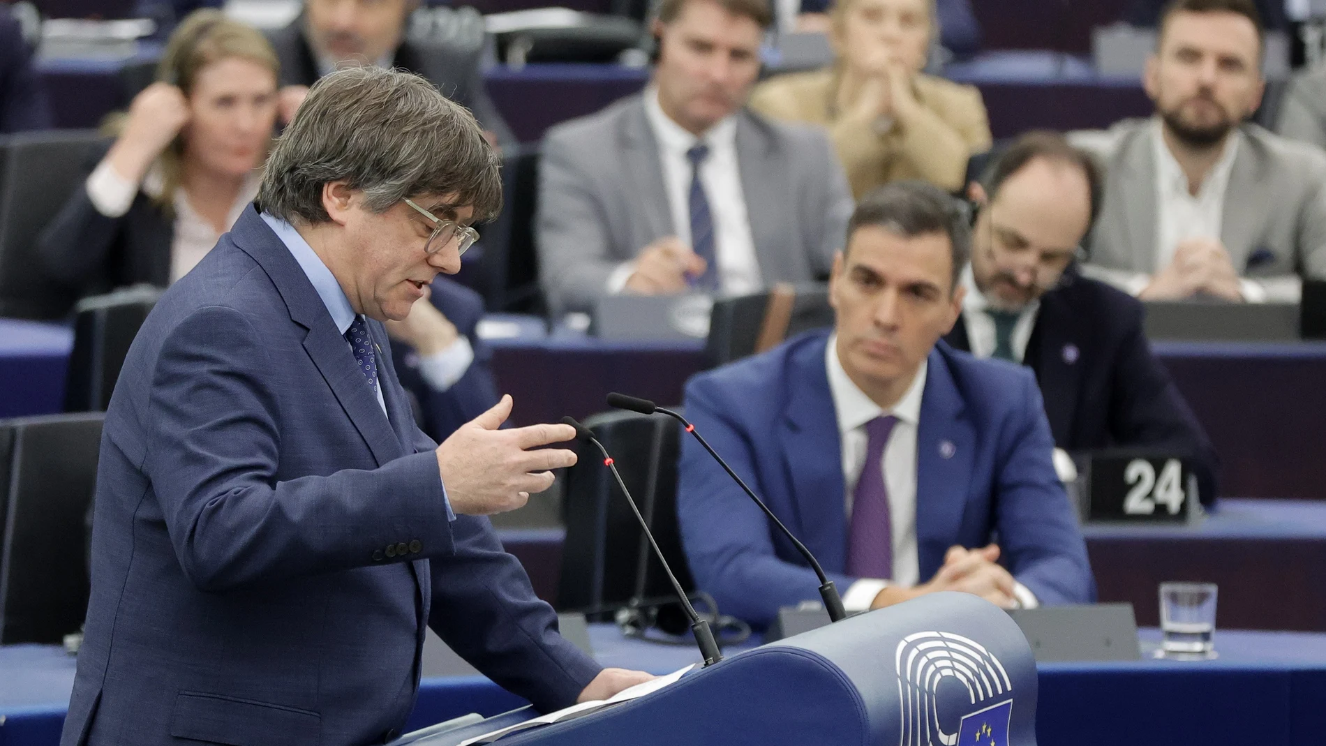 Former Catalan regional premier Carles Puigdemont speaks during a debate on 'Review of the Spanish Presidency of the Council' at the European Parliament in Strasbourg, France.