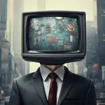 Hombre con traje y un monitor de televisión por cabeza