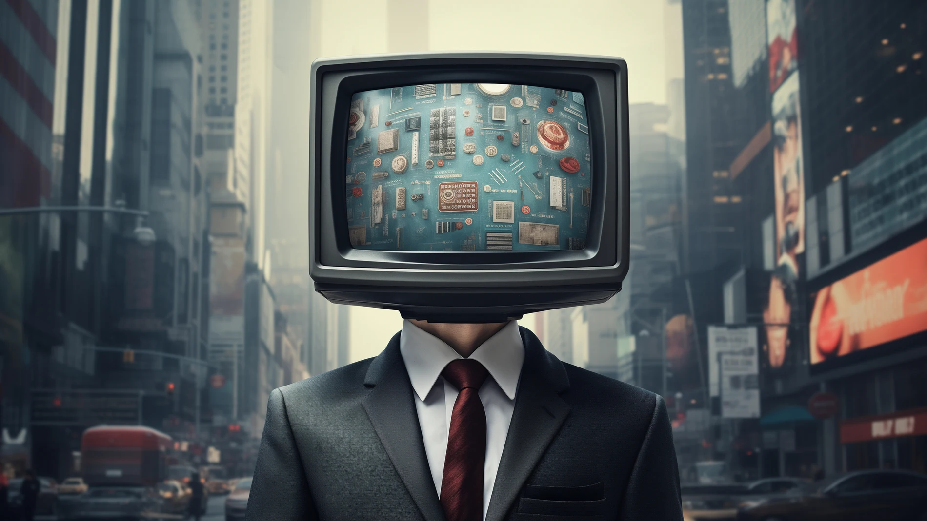 Hombre con traje y un monitor de televisión por cabeza