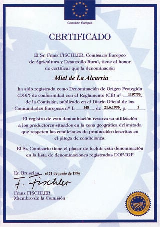 Certificado Denominación de Origen Protegida de la miel de la Alcarria del año 1996