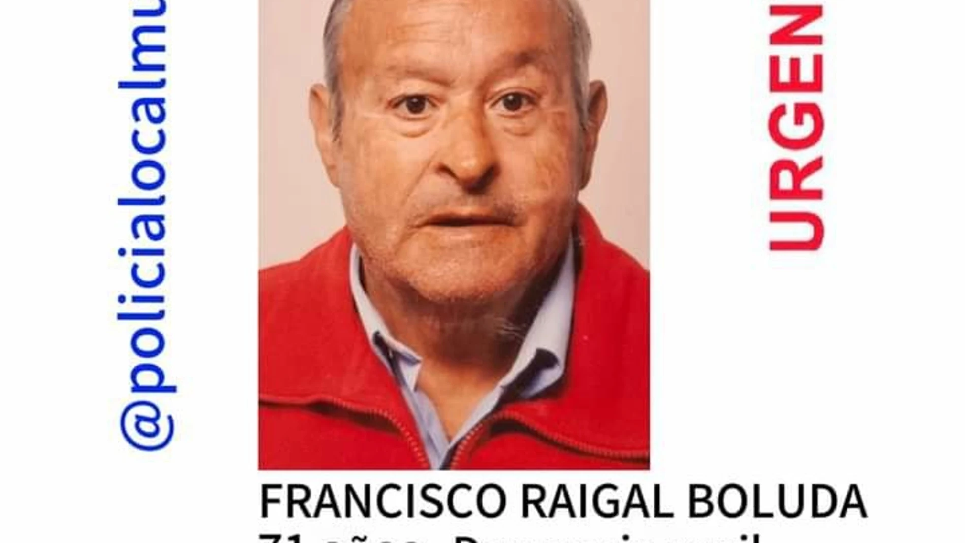 Alerta por la desaparición de un hombre un hombre de 71 años, de nombre Francisco Raigal Boluda, en Mula (Murcia) 1-1-2 23/02/2024