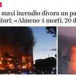 Titular del medio italiano Corriere della Sera respecto al incendio en el barrio de Campanar, Valencia
