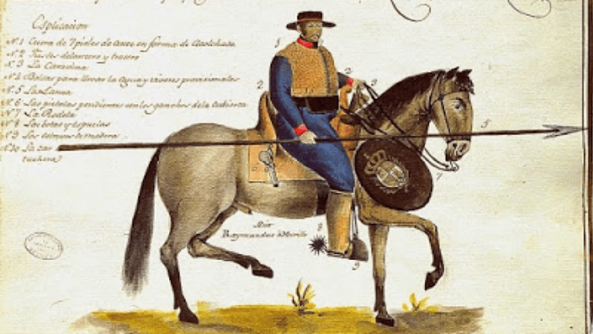 Acuarela de un soldado de cuera español pintada por Raimundo Murillo en 1804
