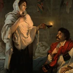 Litografia del cuadro de Henrietta Rae (1891) de la enfermera Florence Nightingale donde se la ve como "la dama de la lámpara"