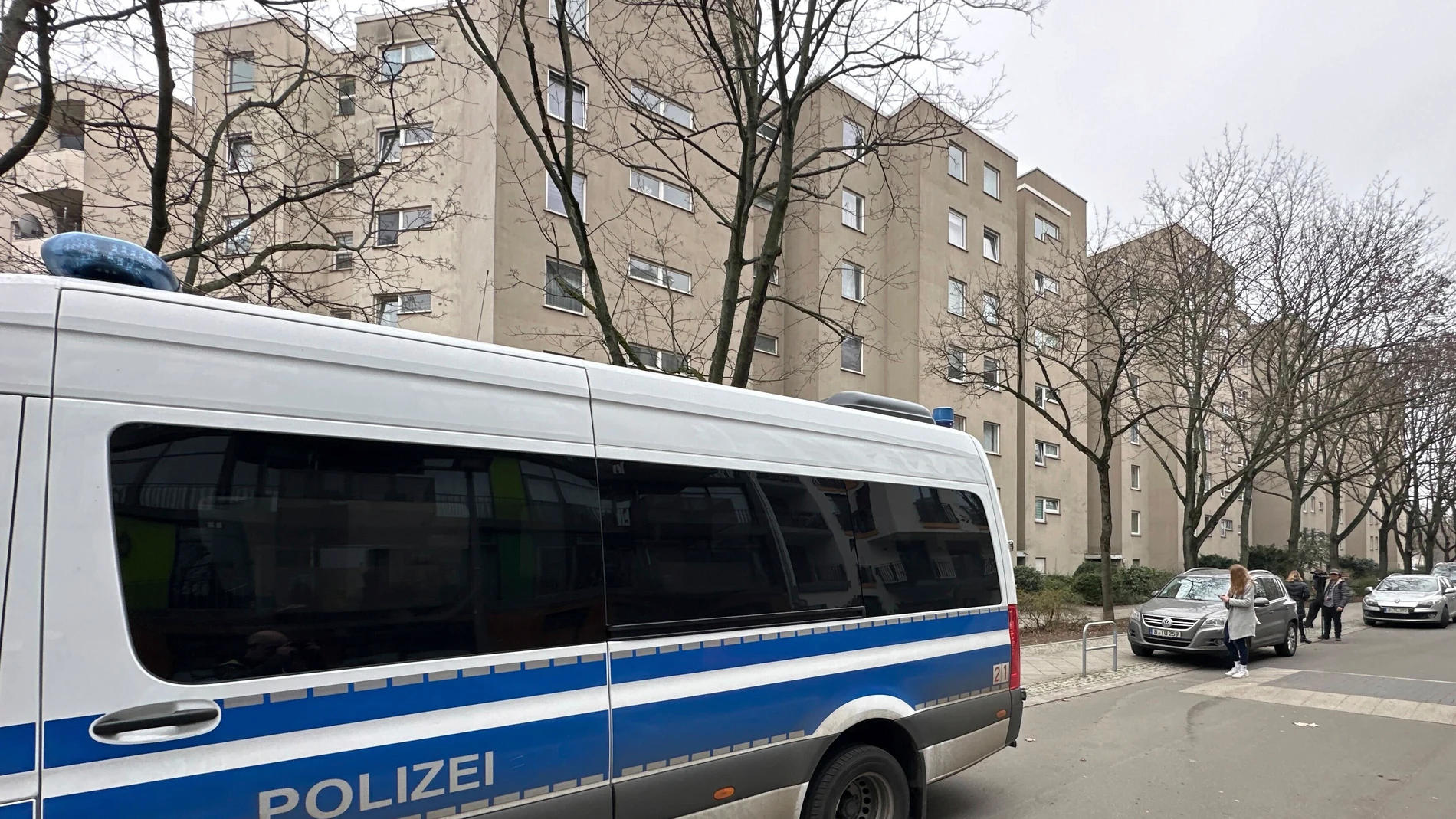 A police car is parked in front of an apartment building in the Kreuzberg district in Berlin, Tuesday, Feb. 27, 2024. The former terrorist of the Red Army Faction (RAF), Daniela Klette (65), has been arrested in Berlin. (Paul Zinken/dpa via AP)