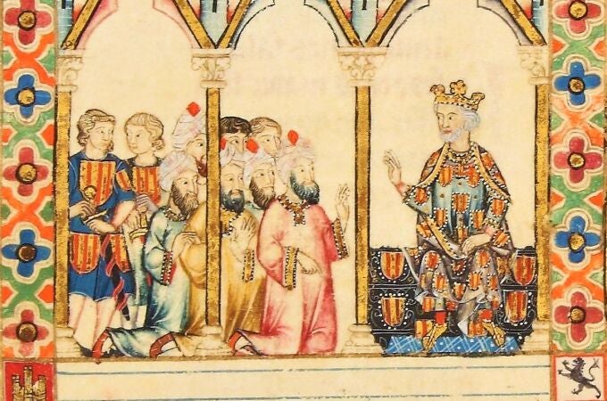 Miniatura de las Cantigas de Santa María. El rey Jaime I de Aragón negocia con los andalusíes la entrega de la mezquita mayor de Murcia, en el año 1266