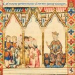 Miniatura de las Cantigas de Santa María. El rey Jaime I de Aragón negocia con los andalusíes la entrega de la mezquita mayor de Murcia, en el año 1266