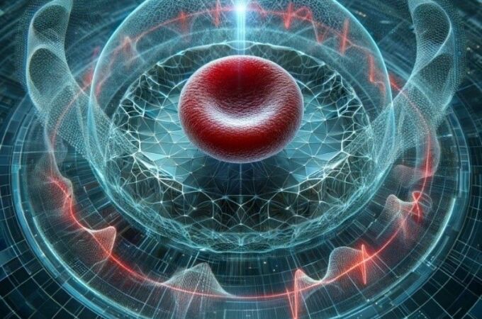 Imagen generada por IA con la evocación de un glóbulo rojo disipando calor al ambiente