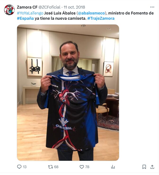 José Luis Ábalos con camiseta del Zamora CF en la red social X