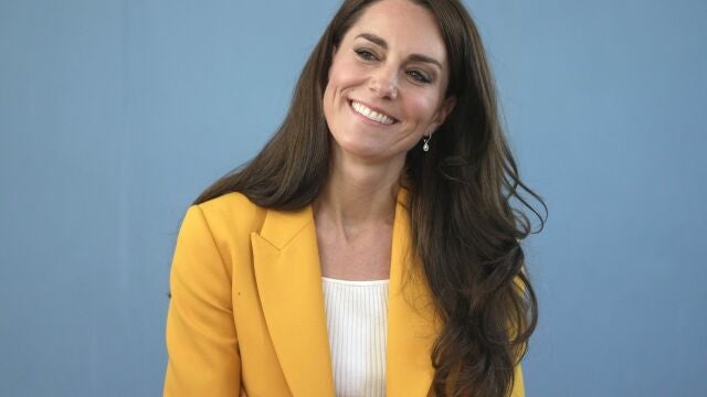 Britain's Kate, Princess of Wales, is all smiles as she visits the Dame Kelly Holmes Trust and meets with some of the young people that the charity supports in Bath, England, Tuesday, May 16, 2023. The Princess of Wales has been hospitalized for planned abdominal surgery and will remain at The London Clinic for up to two weeks, Kensington Palace said Wednesday, Jan. 17, 2024. (AP