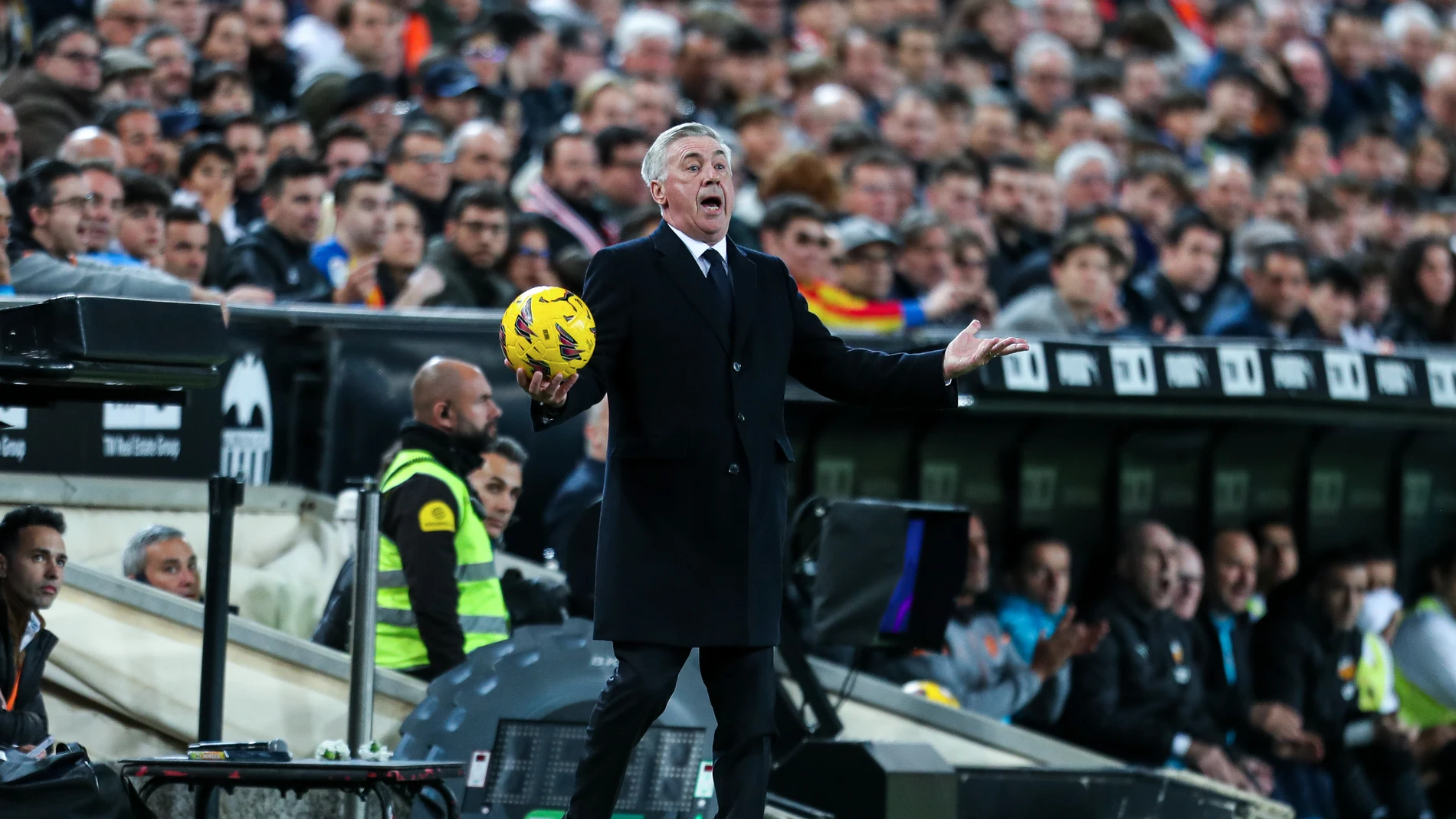 Carlo Ancelotti, head coach of Real Madrid, gestures during the Spanish league, La Liga EA Sports, football match played between Valencia CF and Real Madrid at Mestalla stadium on March 2, 2024, in Valencia, Spain.AFP7 02/03/2024 ONLY FOR USE IN SPAIN