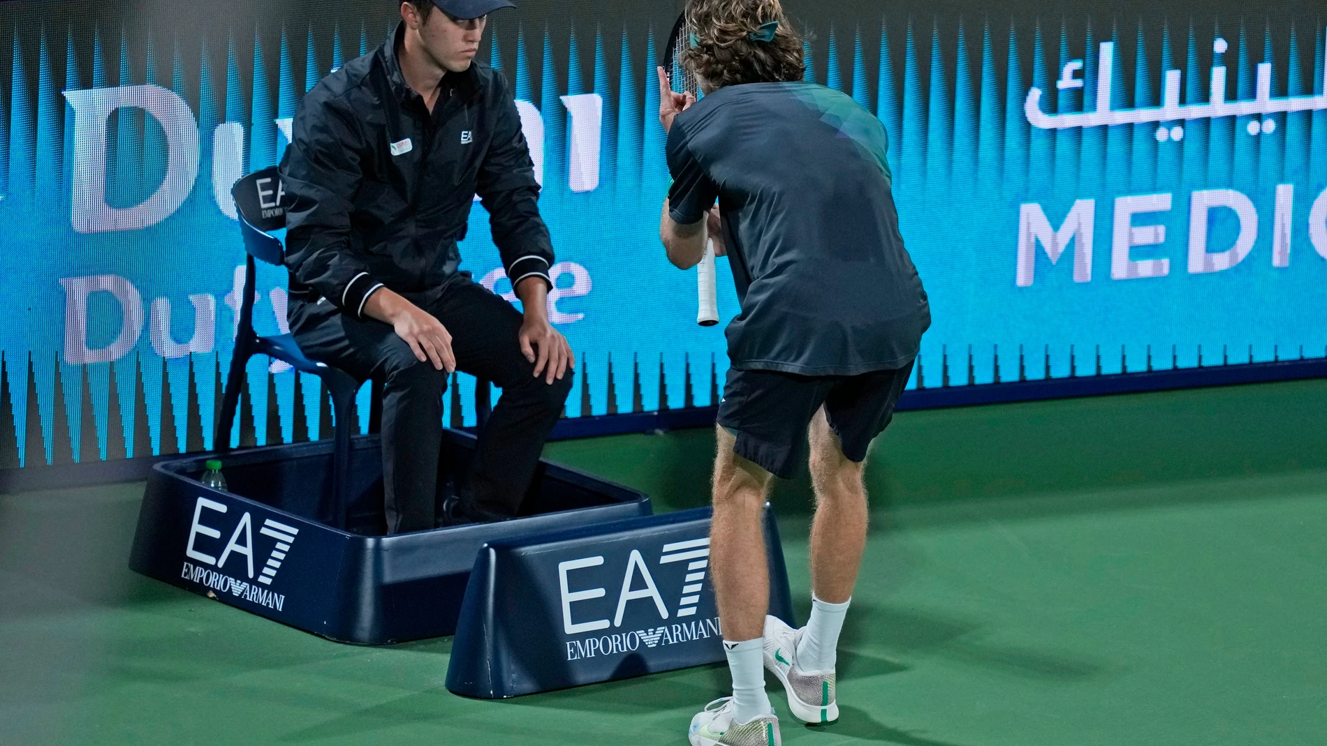 FILE - Andrey Rublev reacts in front a linesman during his semifinal match with Alexander Bublik of Kazakhstan at the Dubai Duty Free Tennis Championships in Dubai, United Arab Emirates, Friday, March 1, 2024. Rublev appealed his default and the ATP ruled Monday, March 4, he will be allowed to keep his rankings points and prize money from the tournament, minus a $36,400 fine for unsportsmanlike conduct after he appealed the punishment of his default from the semifinals for yelling in the face...