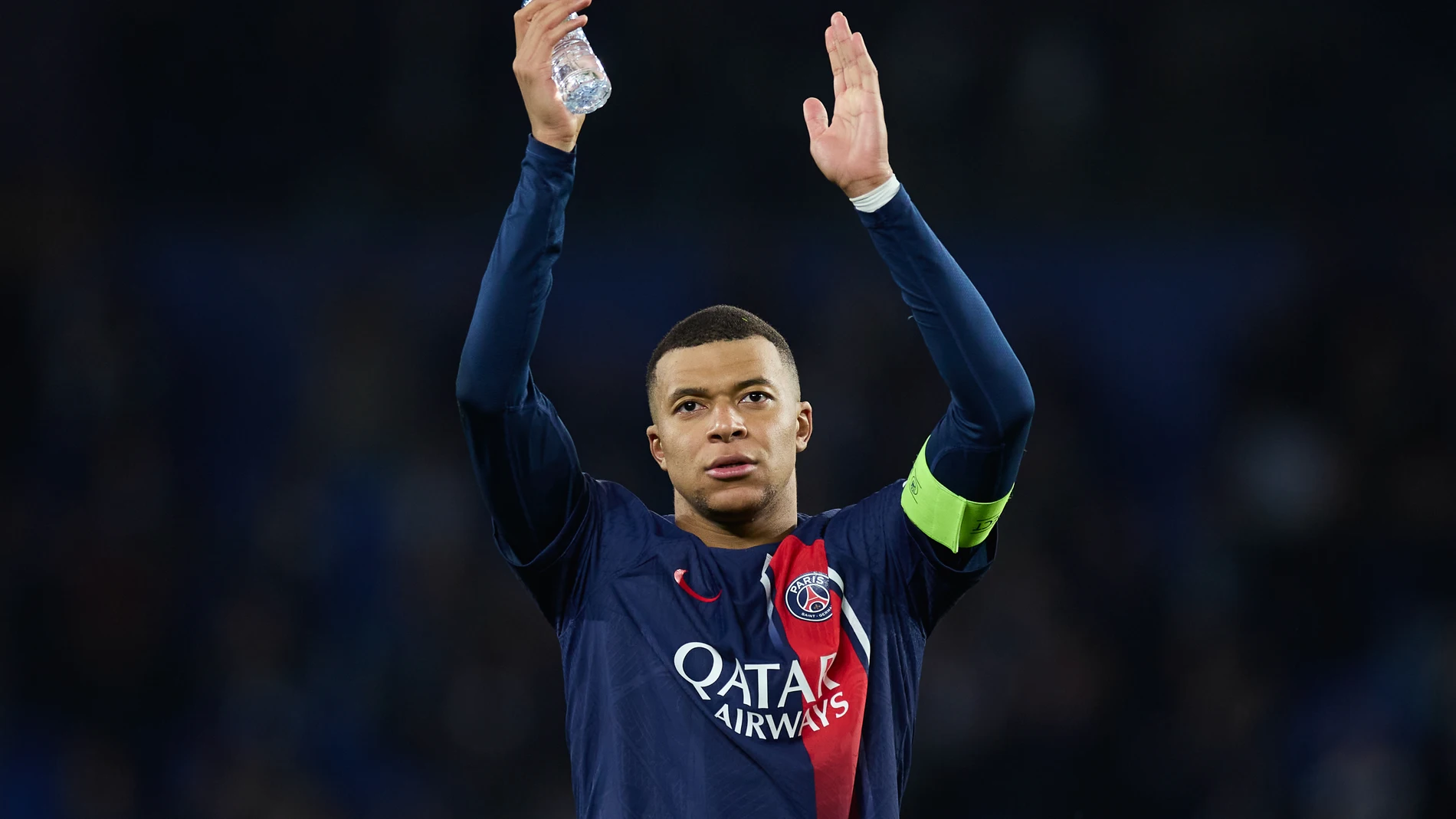 Kylian Mbappe of Paris Saint-Germain reacts to the crowd after winning the UEFA Champions League match between Real Sociedad and Paris Saint-Germain at Reale Arena on March 5, 2024, in San Sebastian, Spain. AFP7 05/03/2024 ONLY FOR USE IN SPAIN