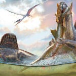 Una pareja de los gigantes depredadores con velas en la espalda, Spinosaurus aegyptiacus, se adentran en aguas cercanas a la costa en busca de presas mientras pterosaurios surcan los cielos hace aproximadamente 95 millones de años en la costa norte de África. 