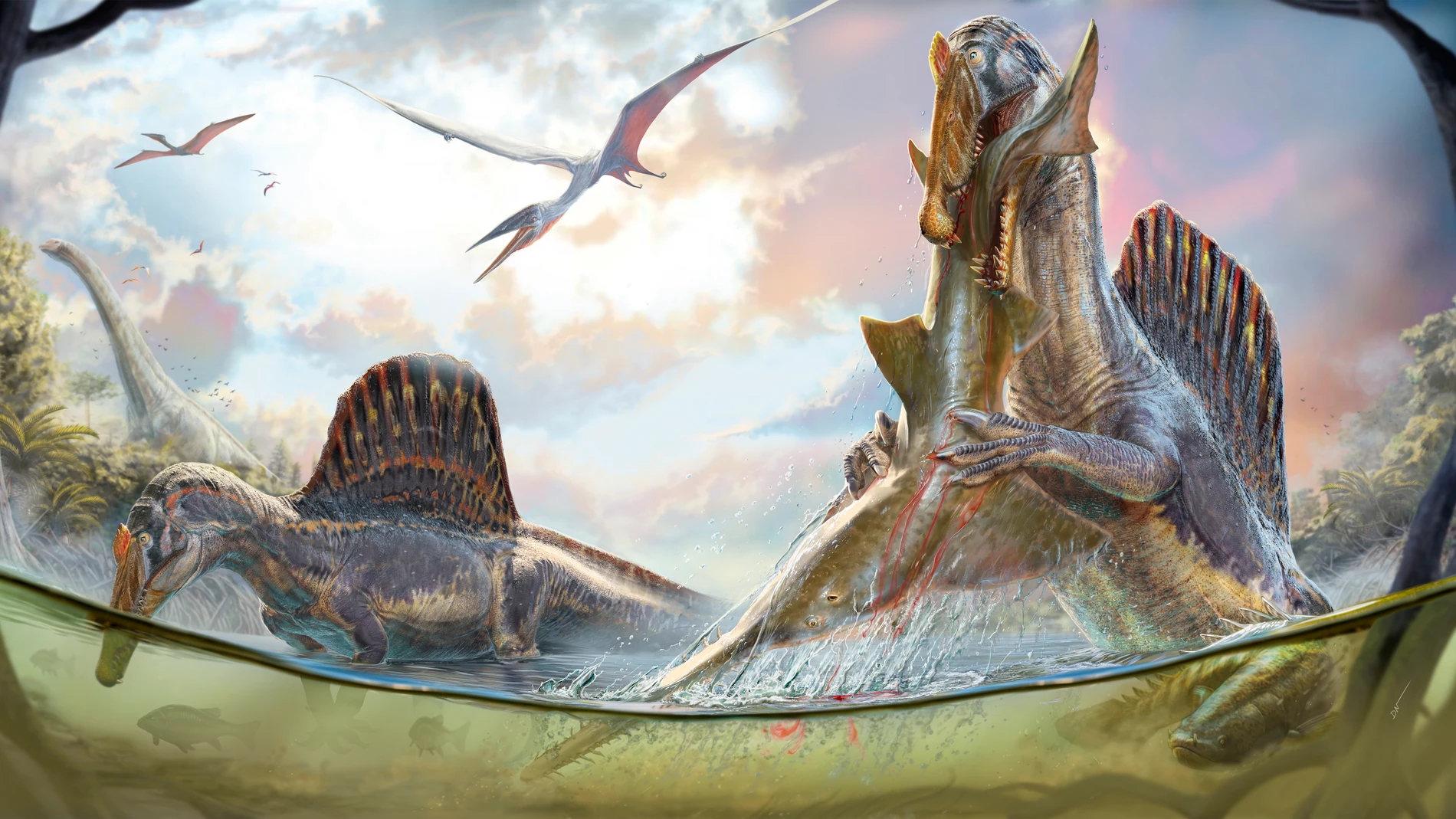 Una pareja de los gigantes depredadores con velas en la espalda, Spinosaurus aegyptiacus, se adentran en aguas cercanas a la costa en busca de presas mientras pterosaurios surcan los cielos hace aproximadamente 95 millones de años en la costa norte de África.