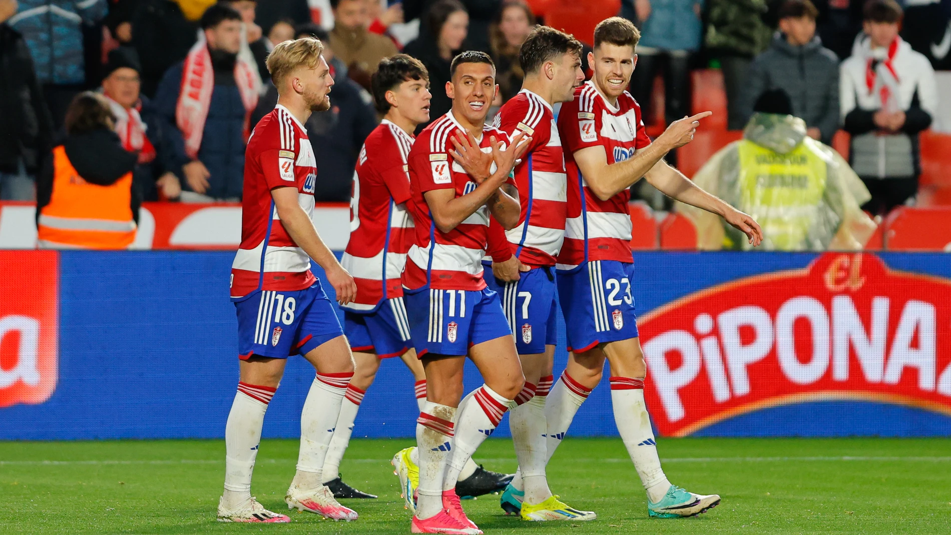 Myrto Uzuni of Granada CF celebrates the 2-1 goal during the Spanish league, La Liga EA Sports, football match played between Granada CF and Real Sociedad at Nuevo Los Carmenes stadium on March 9, 2024, in Granada, Spain. AFP7 09/03/2024 ONLY FOR USE IN SPAIN