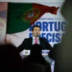  Chega (Enough) president Andre Ventura speaks during a dinner rally with party activists as part of the campaign for the 10 March legislative elections, in Vila Real, Portugal.
