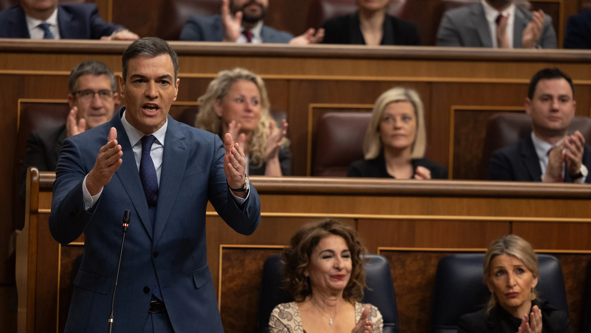 El presidente del Gobierno, Pedro Sánchez, interviene durante una sesión de control al Gobierno, en el Congreso de los Diputados, a 13 de marzo de 2024, en Madrid (España). 