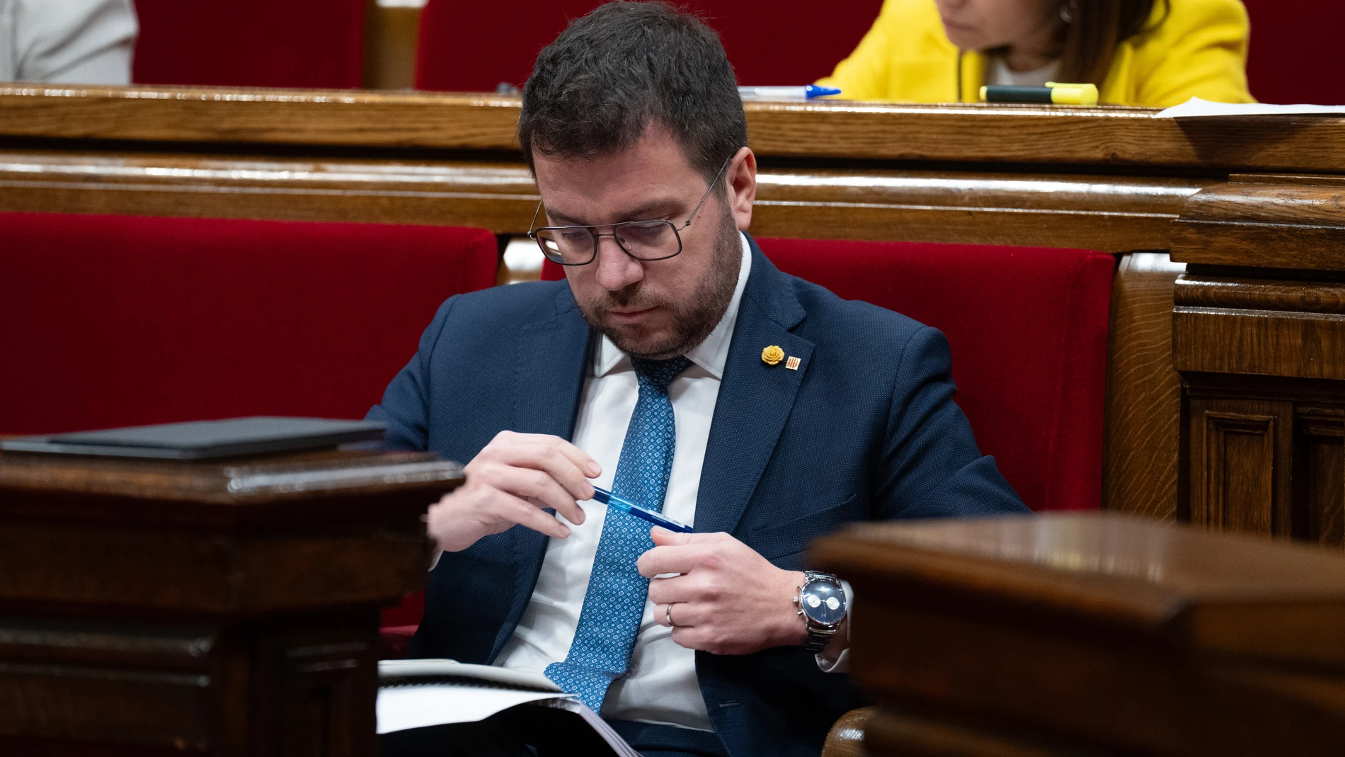 El presidente de la Generalitat, Pere Aragonès, en el pleno del Parlament sobre las enmiendas a la totalidad a los Presupuestos de la Generalitat DAVID ZORRAKINO - EUROPA PRESS 13/03/2024
