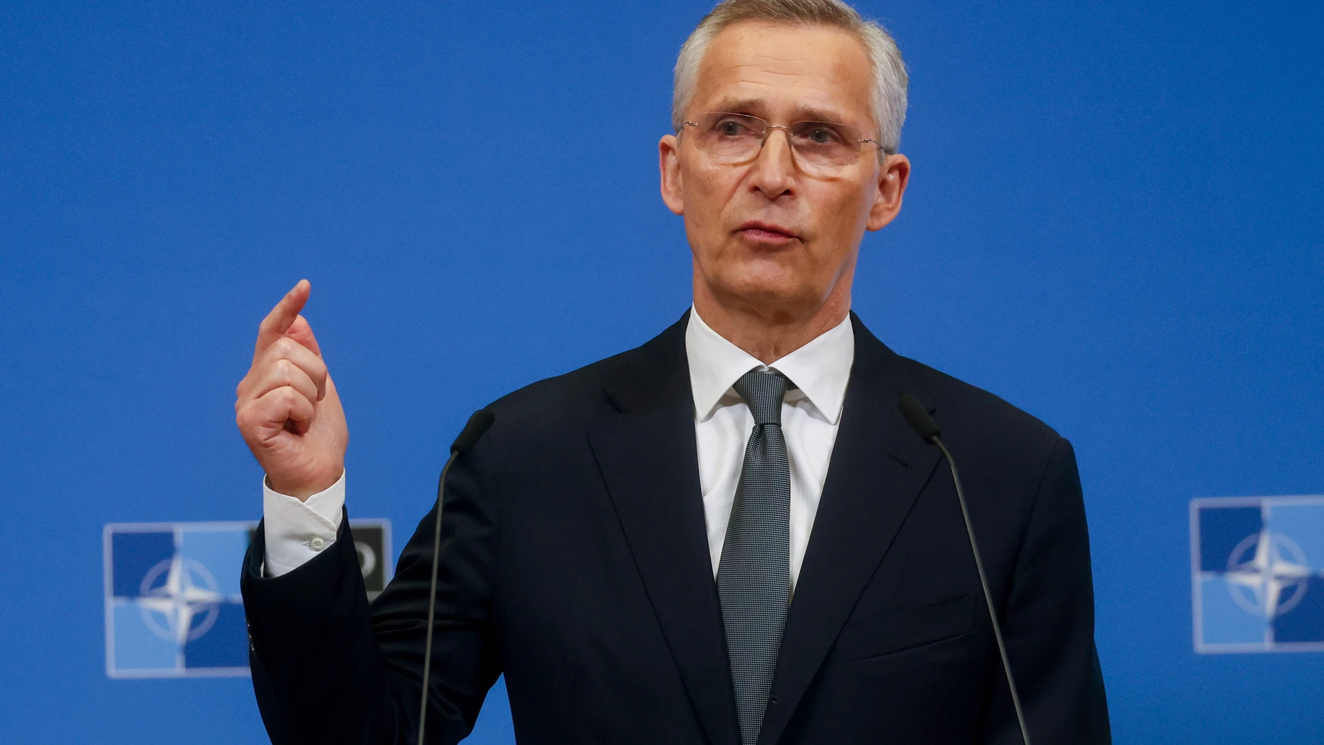 Brussels (Belgium), 14/03/2024.- NATO Secretary General Jens Stoltenberg gestures during a press conference to present his annual report for 2023 at NATO headquarters in Brussels, Belgium, 14 March 2024. (Bélgica, Bruselas) EFE/EPA/OLIVIER HOSLET