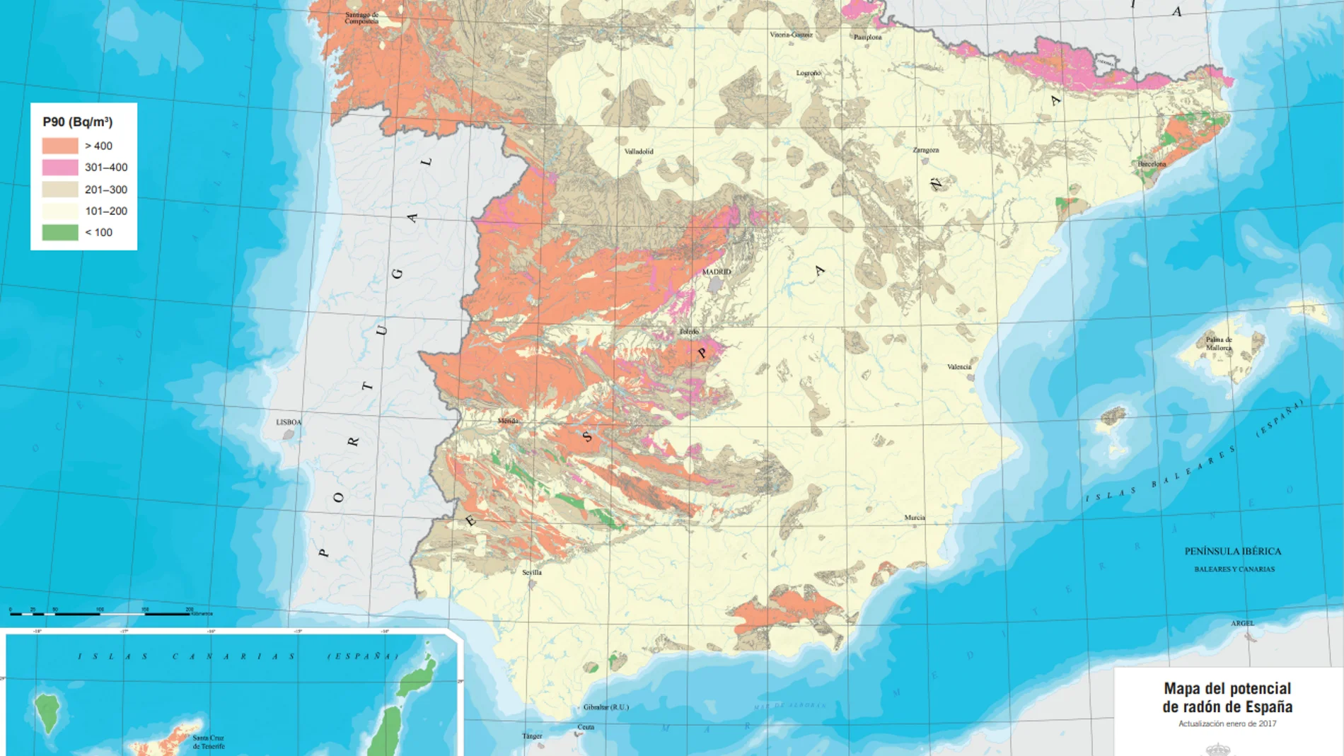 Mapa potencial de radón en España, 2017