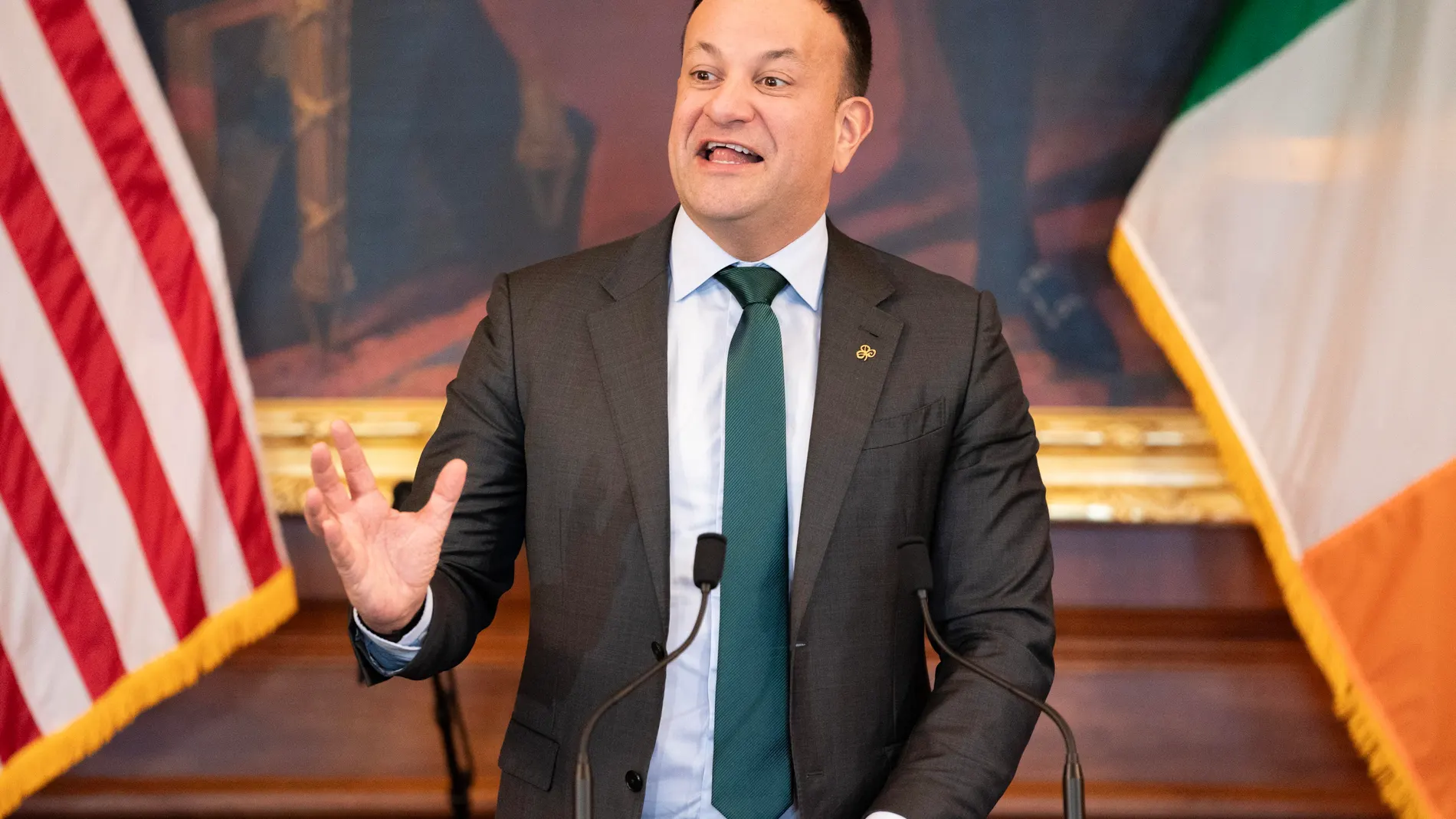 Washington (Usa), 15/03/2024.- Ireland's Taoiseach Leo Varadkar delivers remarks during during the Friends of Ireland Luncheon at the U.S. Capitol in Washington in Washington D.C., USA, 15 March 2024. President Biden and Irish Taoiseach Varadkar attended the Friends of Ireland Luncheon on Capitol Hill ahead of St. Patrick's Day, which takes place 17 March. (Irlanda) EFE/EPA/NATHAN HOWARD / POOL 