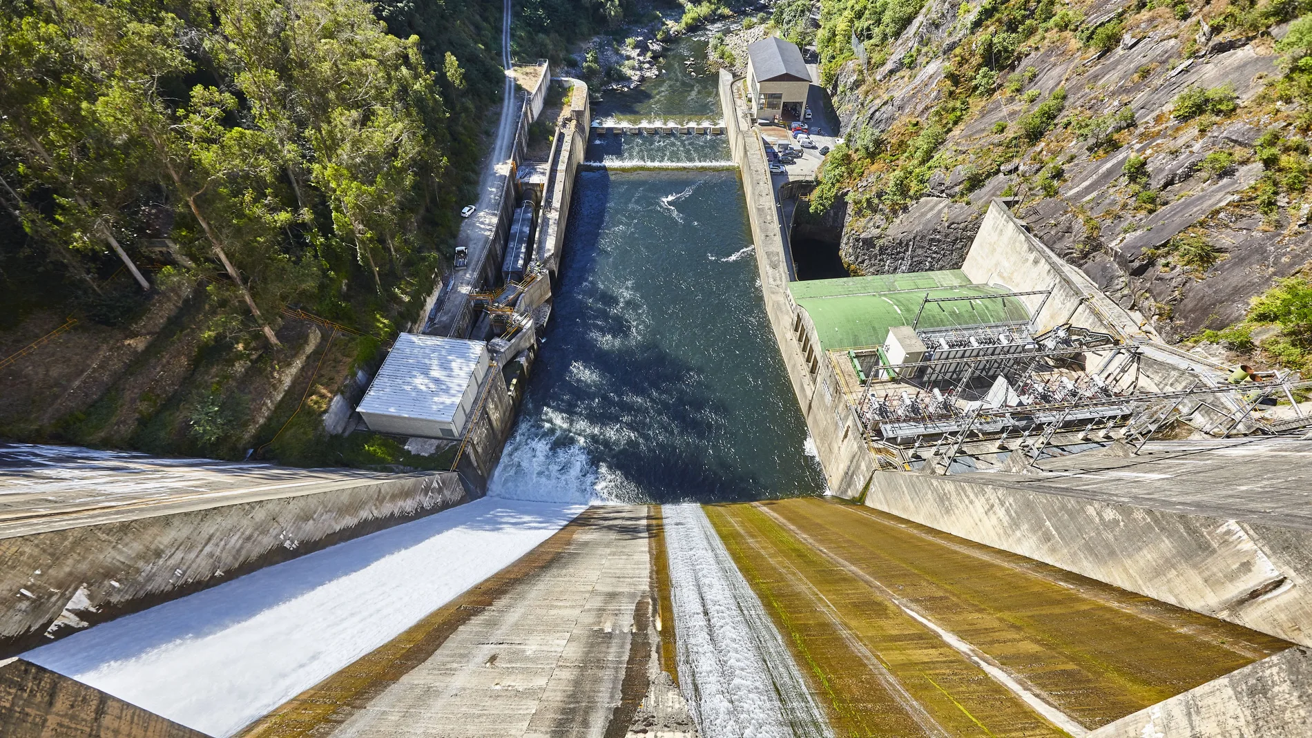 Hydroelectric power station and dam viewed from above. Galicia, Spain