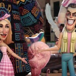 Detalle de unos ninots que representan al presidente del Gobierno, Pedro Sánchez (d) y a la líder de Sumar, Yolanda Díaz (i), caracterizados de personajes de la película Barbie en una de las más de 700 fallas de la ciudad
