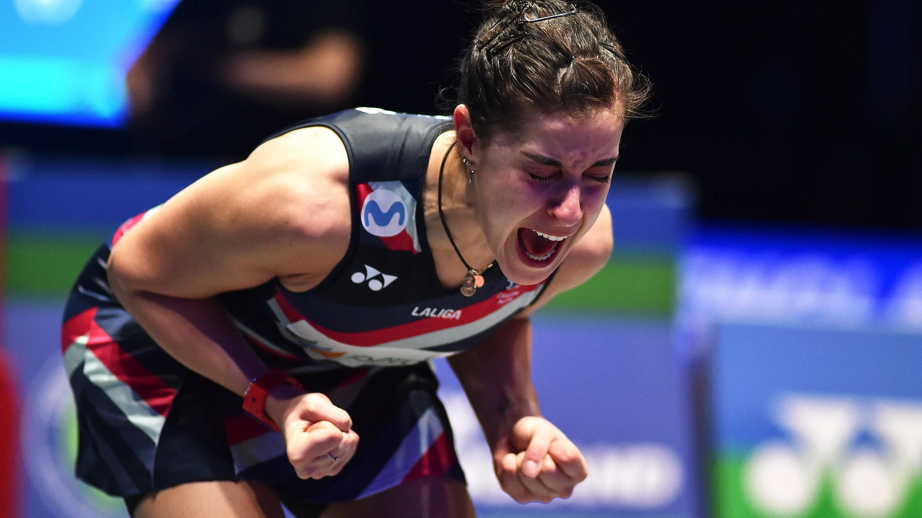 Spain's Carolina Marin reacts after winning the final women's single match of the All England Open Badminton Championships against Japan's Akane Yamaguchi at the Utilita Arena in Birmingham, England, Sunday, March 17, 2024. (AP Photo/Rui Vieira)