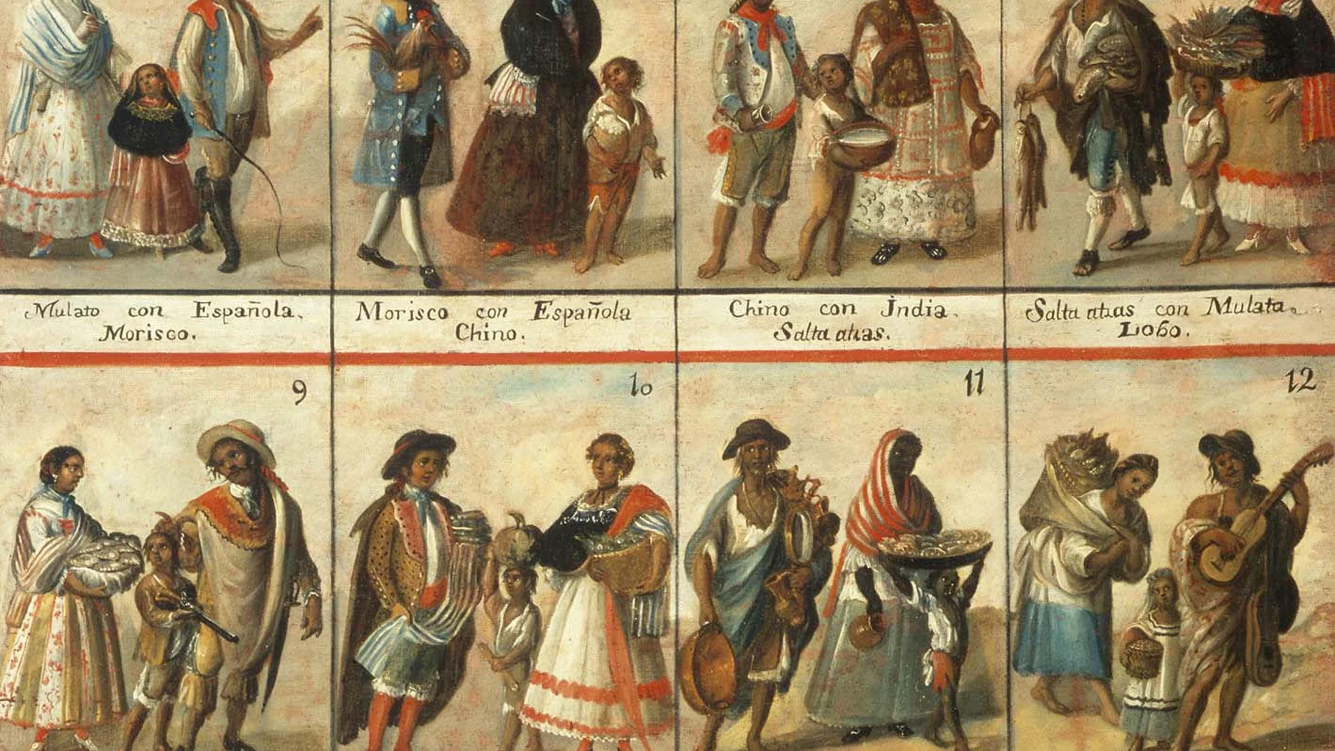 Pintura de castas con todas las 16 combinaciones de la Nueva España con el mestizo en la cuadro