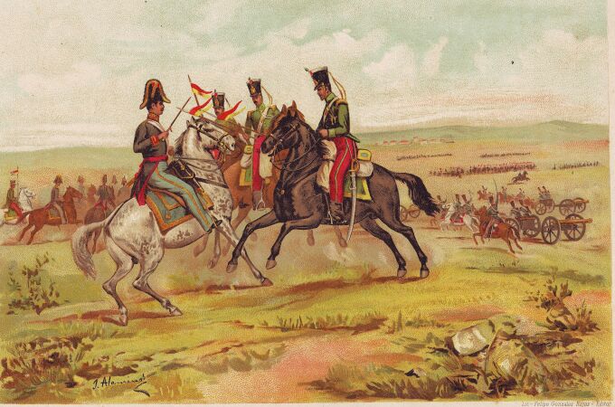 El general Antonio Seoane se defiende de las lanzas de la caballería de Narváez en la Batalla de Torrejón de Ardoz (1843) que precipitaría la caída de Espartero