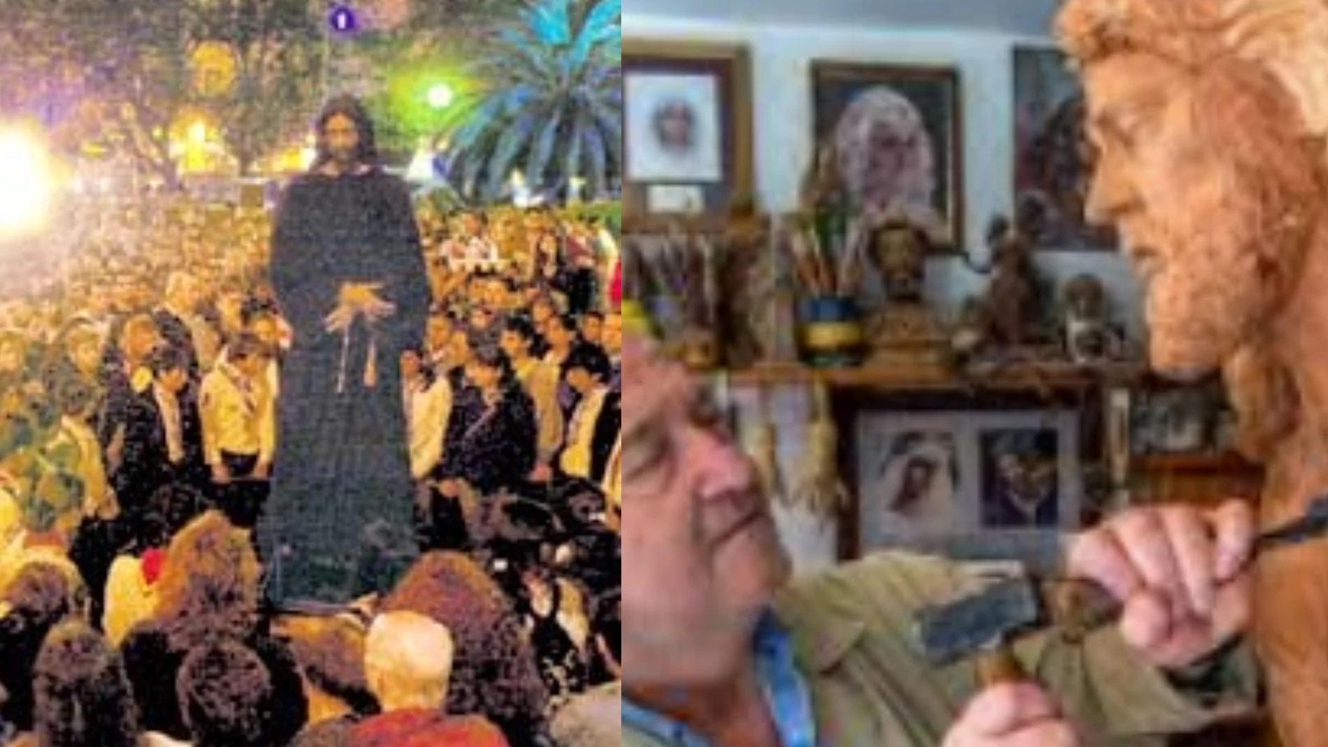 El "Cristo de los Futbolistas" junto a su autor, el imaginero sevillano Luis Álvarez Duarte